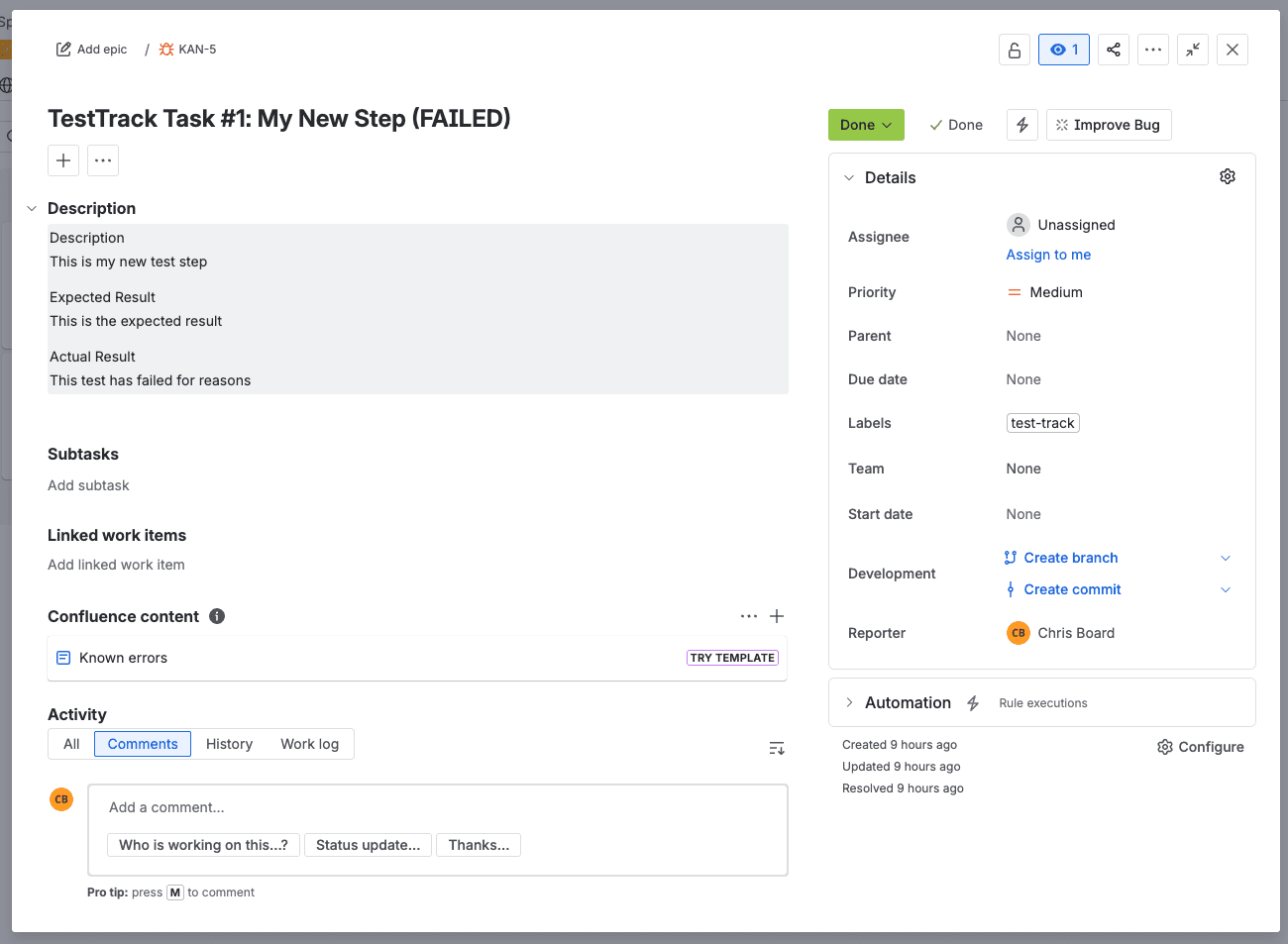 Test Track screenshot showing project overview
