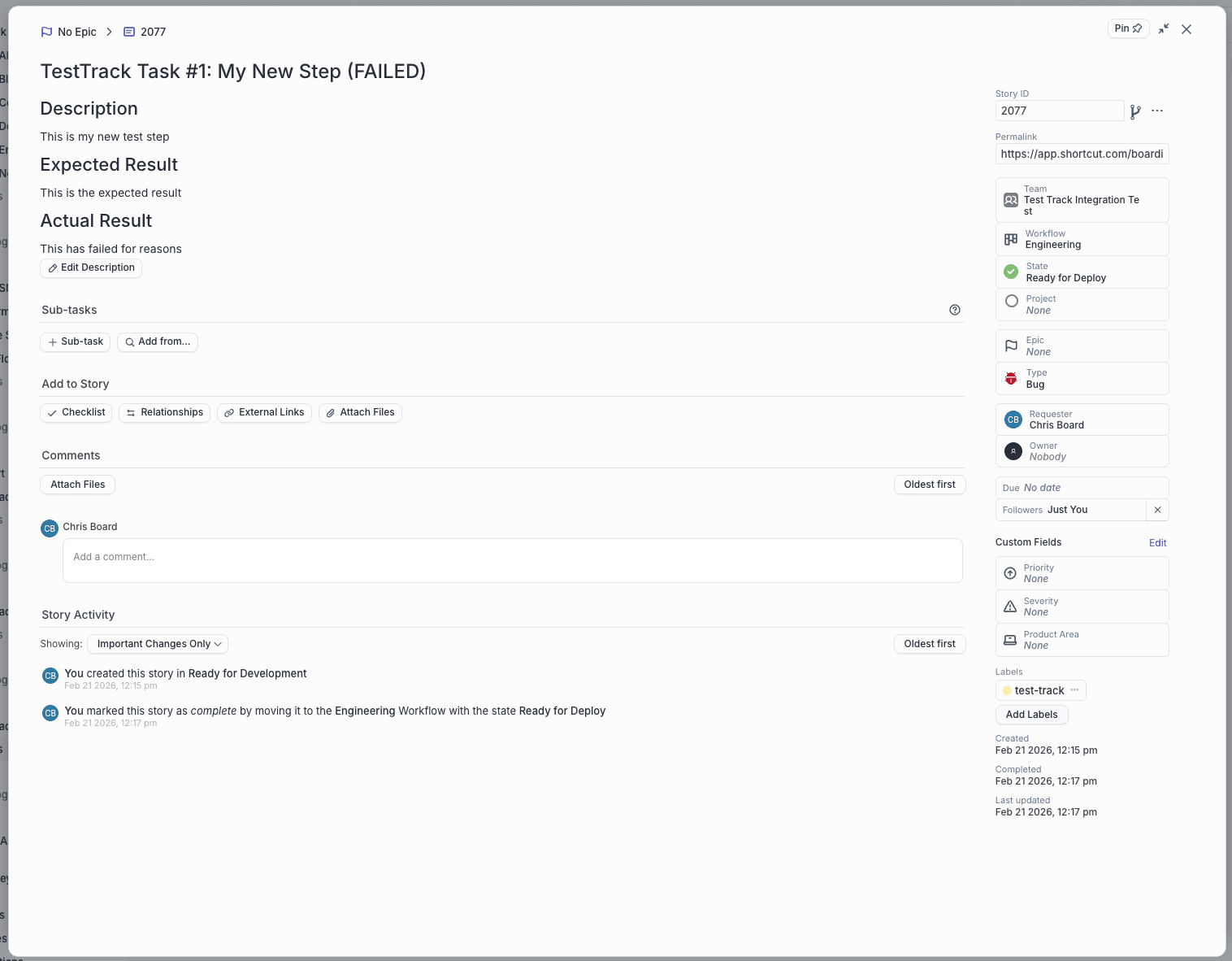 Test Track screenshot showing project overview