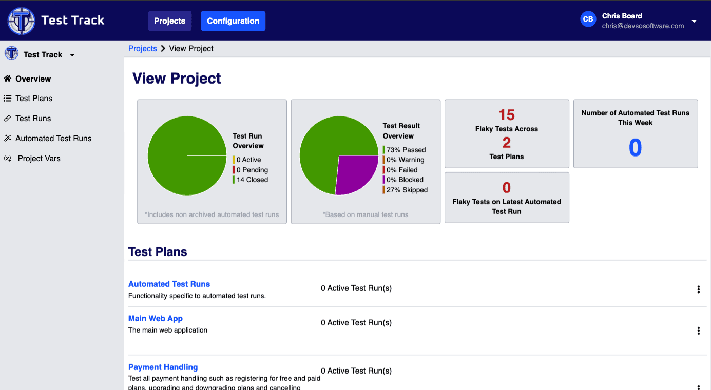 Test Track screenshot showing project overview